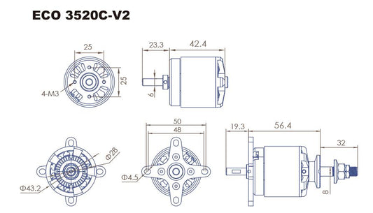 Dual Sky ECO 3520C 820kv 1040w 40E Brushless Outrunner Motor 210g 13x8 - 15x6E