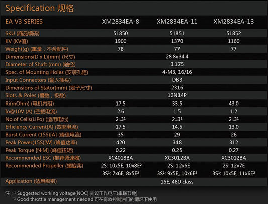 Dual Sky XM2834EA-11 1370kv 348w 15E Brushless Outrunner Motor 77g 9x5 - 12x6E
