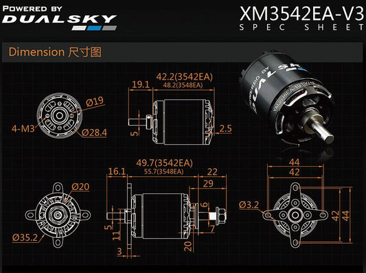 Dual Sky XM3542EA-11 880kv 608w 25E Brushless Outrunner Motor 147g 11x6 - 14x7E