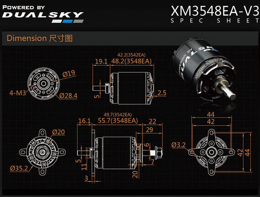 Dual Sky XM3548EA-10 740kv 800w 32E Brushless Outrunner Motor 177g 12x7 to 16x6E