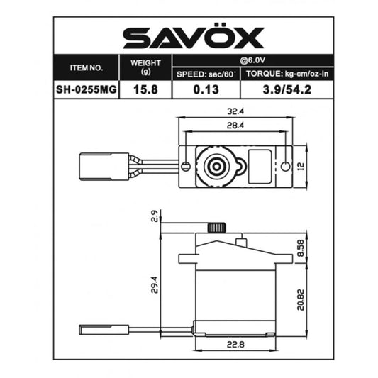 Savox Micro size 3.9kg/cm Digital Servo, 0.13sec, 6.0V, 15.8g, 22.8x12.0x29.4mm