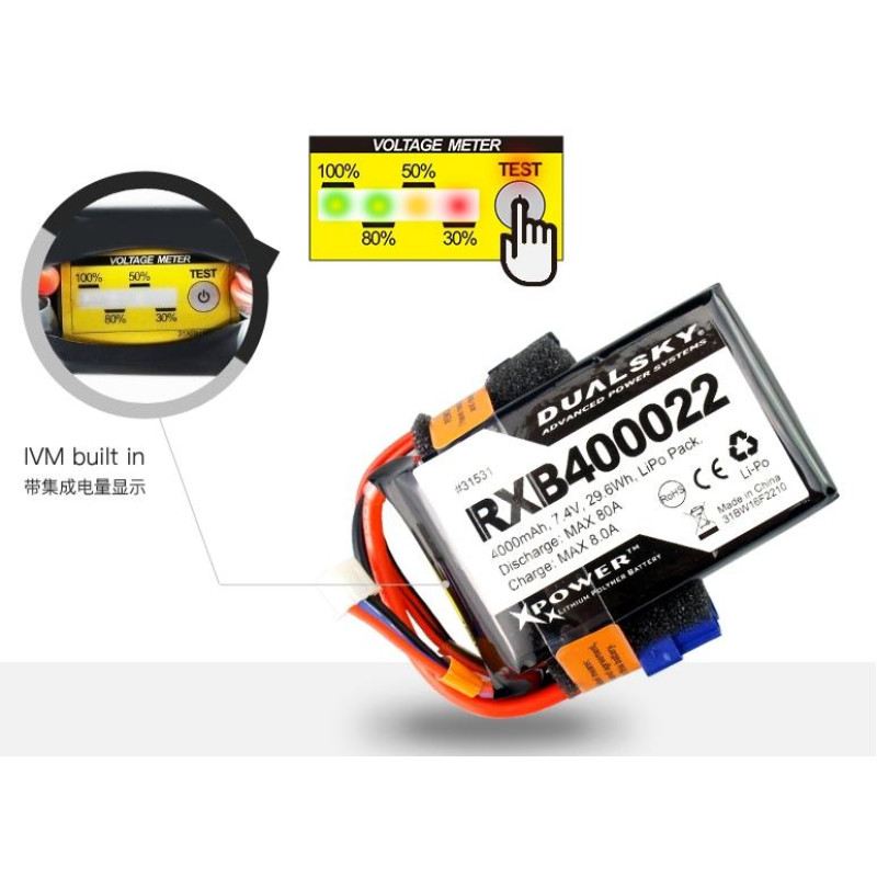 Dual Sky RXB400022 4000mah 2S 7.4v 20C LiPo Receiver RX Battery with Servo and X