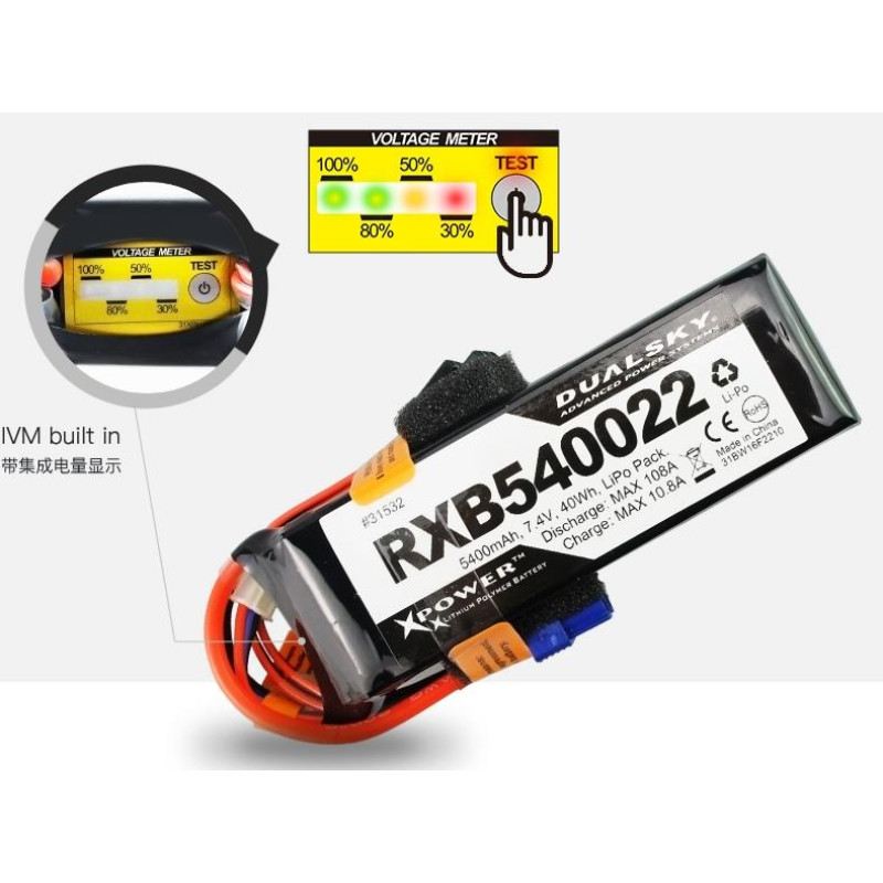 Dual Sky RXB540022 5400mah 2S 7.4v 20C LiPo Receiver RX Battery with Servo and X