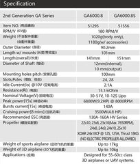 Dual Sky GA6000.8 180kv 6800w Brushless Outrunner Motor 4 Bolt Prop Hub 10-12s