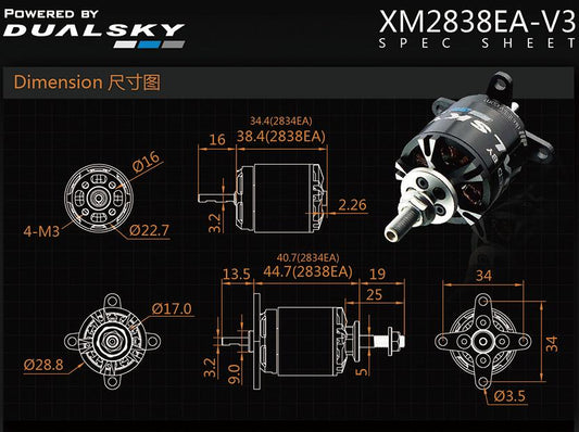 Dual Sky XM2838EA-10 V3 1250kv 396w 15E Brushless Outrunner Motor 91g 10x5 -