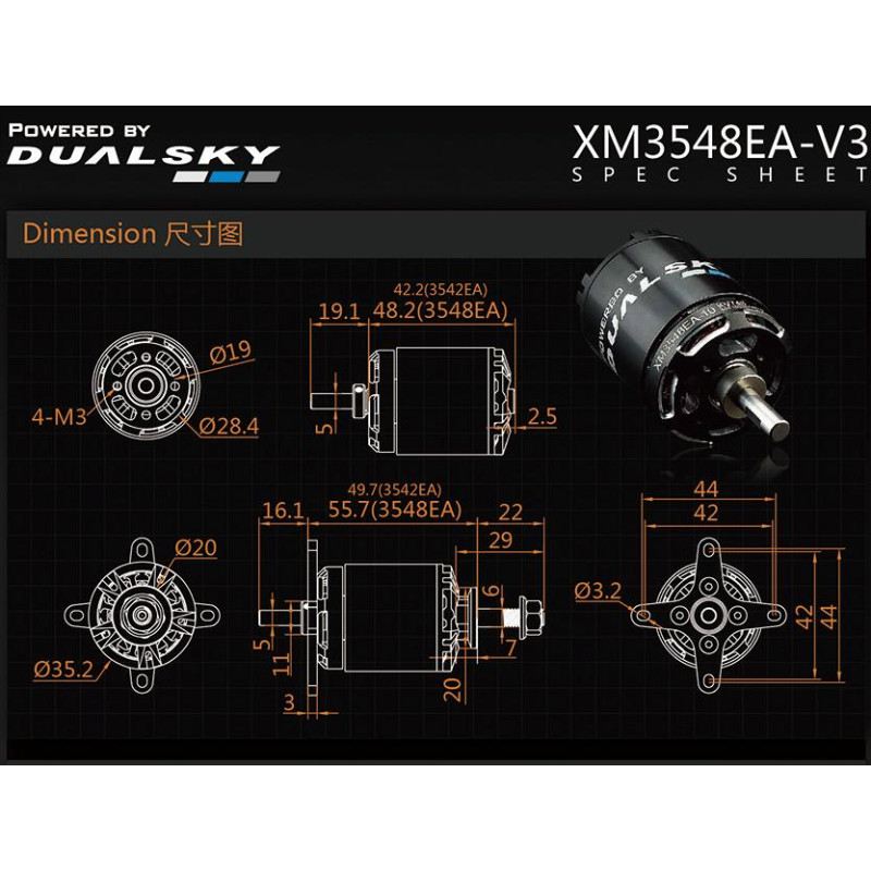 Dual Sky XM3548EA-10 V3 740kv 800w 32E Brushless Outrunner XMotor 177g  12x7 to