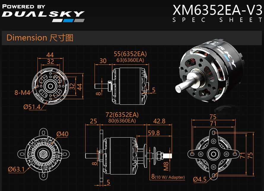 Dual Sky XM6352EA-20 V3 280kv 2624w 8S 125E Brushless Outrunner Motor 508g 18x12