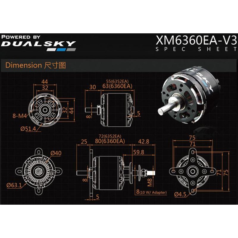 Dual Sky XM6360EA-19 V3 220kv 3800w Brushless Out Runner Motor 635g 10S Prop