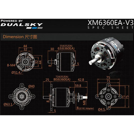 Dual Sky XM6360EA-19 V3 220kv 3800w Brushless Out Runner Motor 635g 10S Prop