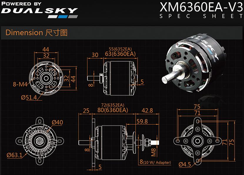 Dual Sky XM6360EA-19 V3 220kv 3800w Brushless Out Runner Motor 635g 10S Prop