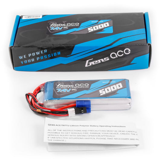 Gens Ace 5000mAh 2S 7.4v RX Lipo Battery with EC3 and JR-3P Plugs 109x42x19.5mm