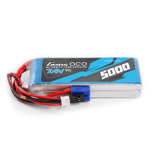 Gens Ace 5000mAh 2S 7.4v RX Lipo Battery with EC3 and JR-3P Plugs 109x42x19.5mm