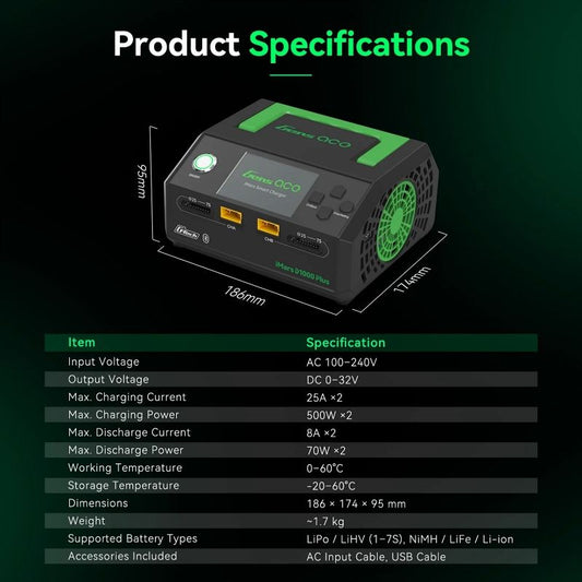 Gens Ace IMars D1000 Plus G-Tech Smart Dual AC Charger, 2x 500w 1-7S