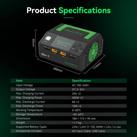 Gens Ace IMars D1000 Plus G-Tech Smart Dual AC Charger, 2x 500w 1-7S