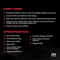 R1 WURKS 6600mah 120c 7.6v 2S HV Shorty LiPo Battery, Silicon Graphene, 220g