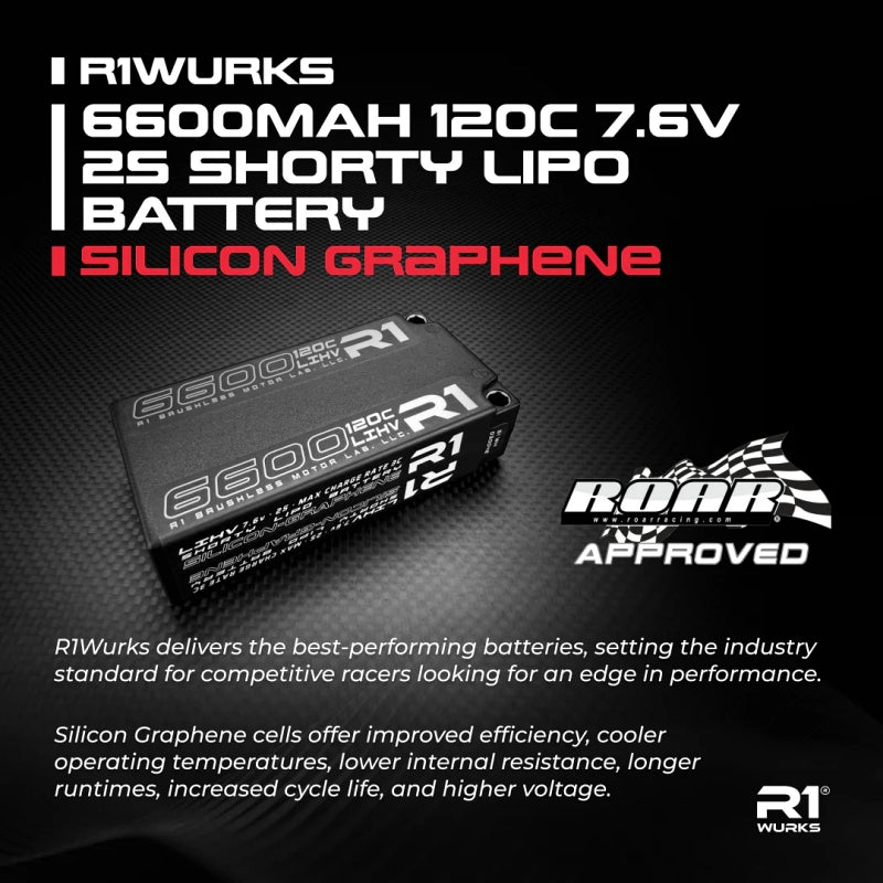 R1 WURKS 6600mah 120c 7.6v 2S HV Shorty LiPo Battery, Silicon Graphene, 220g