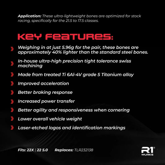 R1WURKS (22 Series) Ultra-lightweight Titanium HD Rear CVA Drive Shaft Bones,