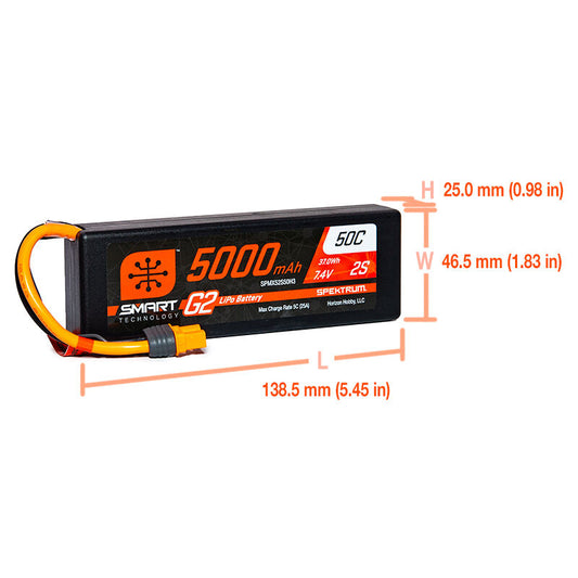 5000mAh 2S 7.4V Smart G2 Lipo 50C with IC3 & S155 Charger Bundle by Spektrum
