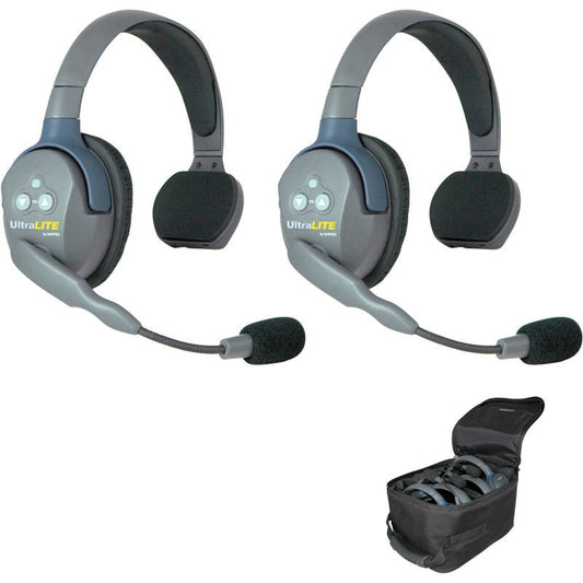 Eartec UltraLITE 2 person system w/ 2 Single Headsets, batteries, charger & case