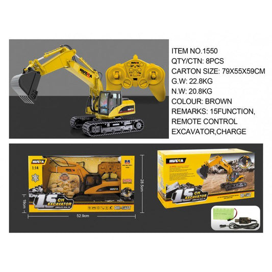 #1550 2.4G 15Ch RC Excavator w/die-cast bucket, 1/14 scale by HUINA