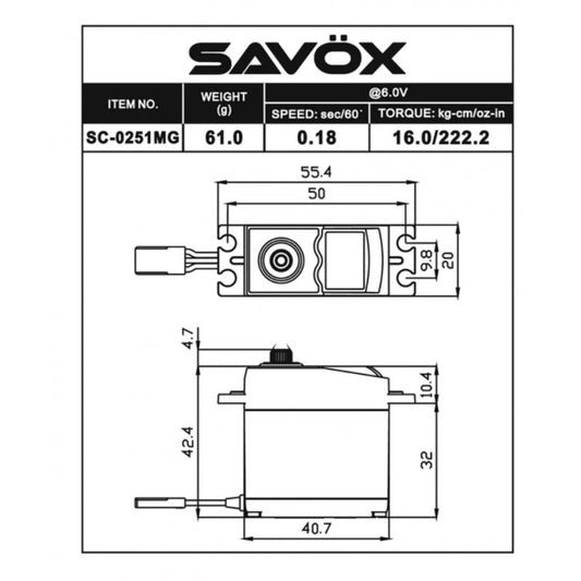 Savox STD size 16Kg/cm, Digital Servo, 0.18 sec, 6.0V 61g, 40.7x20x39.4mm