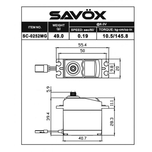 Savox STD size 10.5Kg/cm, Digital Servo, 0.19 sec, 6.0V 49g, 40.7x20x39.4mm Plus