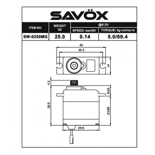 Savox Mini Waterproof Servo 5kg/0.11sec @6v, Metal Geared W/Dual Bearing,