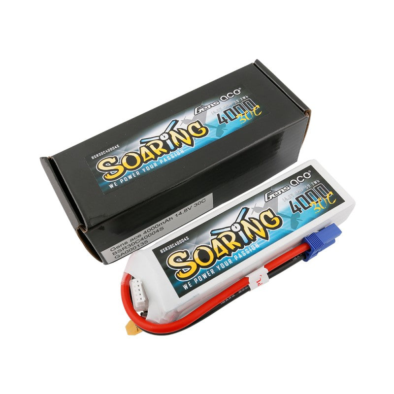 Gens Ace 4000mAh 4S 14.8v 30C 136x42x30mm 376g EC5 Plug XH Balance Soaring